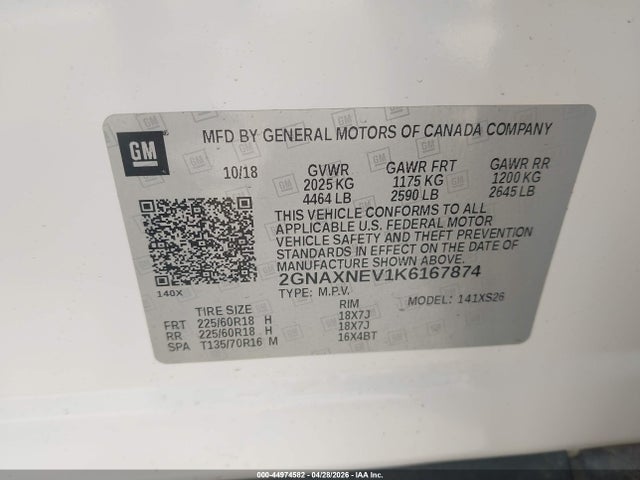 Продаж на аукціоні авто 2019 Chevrolet Equinox Premier, vin: 2GNAXNEV1K6167874, номер лоту: 44974582