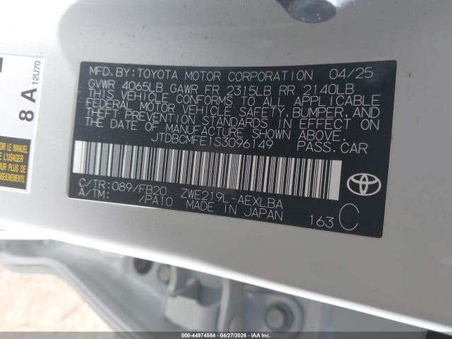 Aukcja sprzedaży 2025 Toyota Corolla Hybrid Le, vin: JTDBCMFE1S3096149, numer aukcji: 44974584