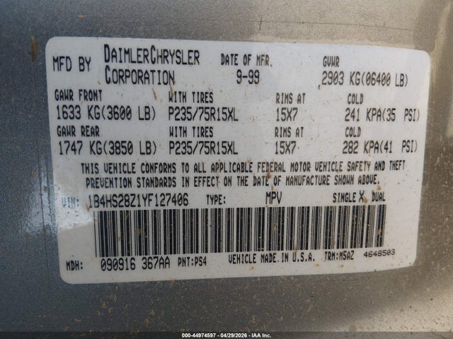 2000 Dodge Durango მანქანა იყიდება აუქციონზე, vin: 1B4HS28Z1YF127406, აუქციონის ნომერი: 44974597