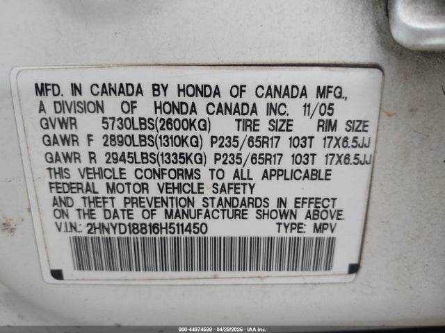 Продажа на аукционе авто 2006 Acura Mdx, vin: 2HNYD18816H511450, номер лота: 44974599