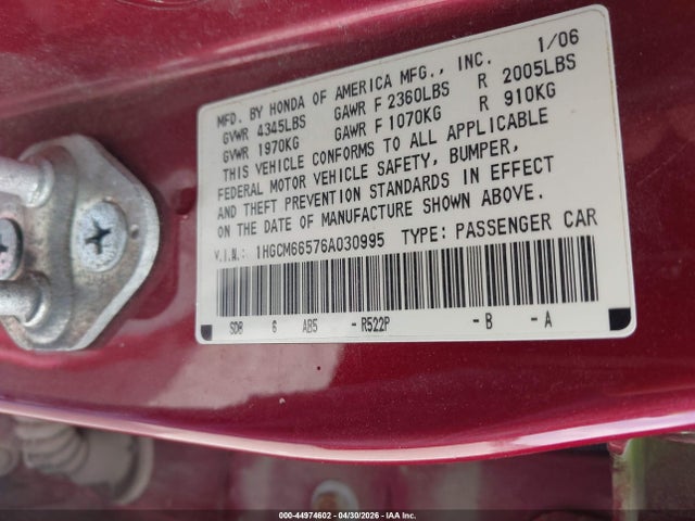 Aukcja sprzedaży 2006 Honda Accord 3.0 Ex, vin: 1HGCM66576A030995, numer aukcji: 44974602