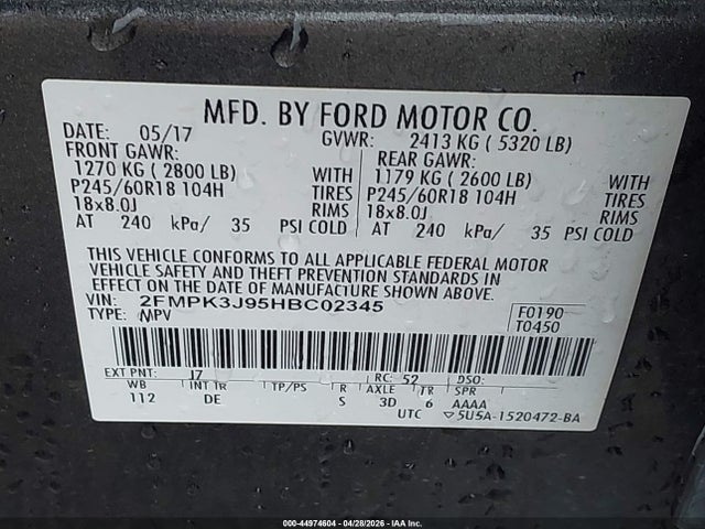 44974604 :رقم المزاد ، 2FMPK3J95HBC02345 vin ، 2017 Ford Edge Sel مزاد بيع