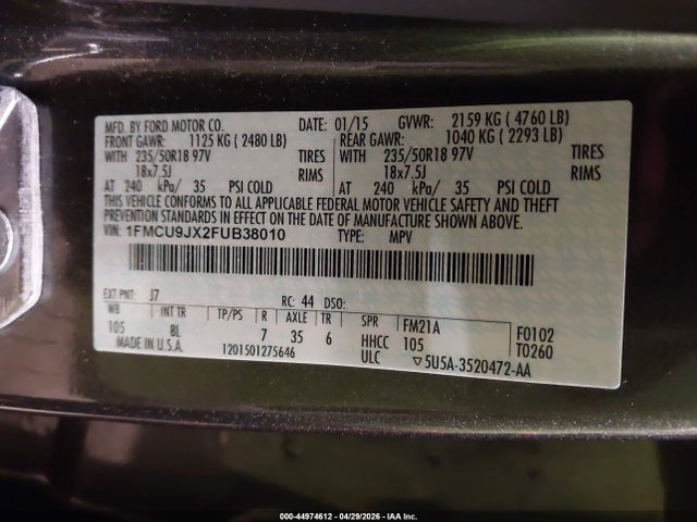 Aukcja sprzedaży 2015 Ford Escape Titanium, vin: 1FMCU9JX2FUB38010, numer aukcji: 44974612