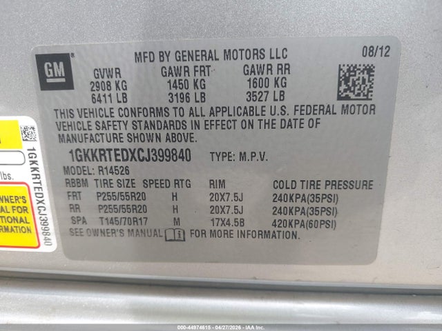 2012 Gmc Acadia Denali მანქანა იყიდება აუქციონზე, vin: 1GKKRTEDXCJ399840, აუქციონის ნომერი: 44974615