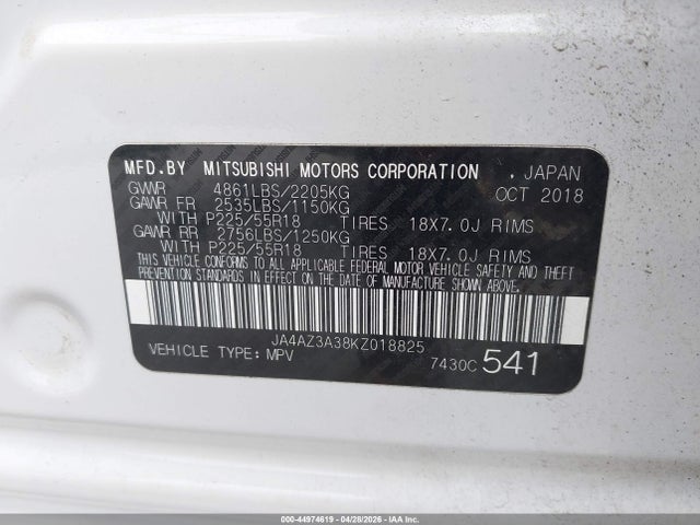 Продажа на аукционе авто 2019 Mitsubishi Outlander Se, vin: JA4AZ3A38KZ018825, номер лота: 44974619