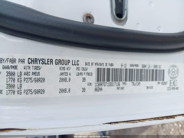 44974627 :رقم المزاد ، 1C6RR7GT1DS517136 vin ، 2013 Ram 1500 Slt مزاد بيع