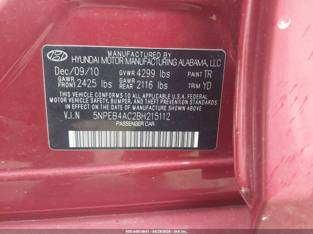 44974641 :رقم المزاد ، 5NPEB4AC2BH215112 vin ، 2011 Hyundai Sonata Gls مزاد بيع
