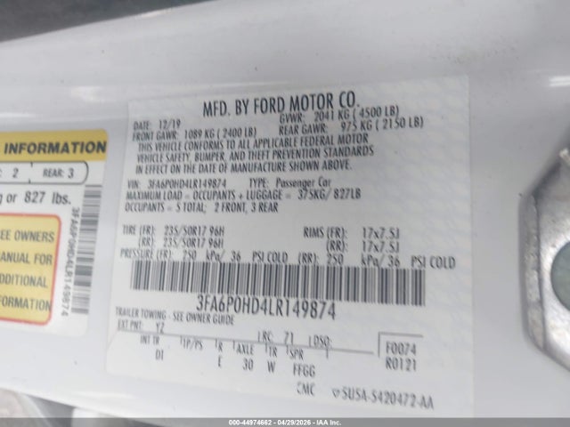 44974662 :رقم المزاد ، 3FA6P0HD4LR149874 vin ، 2020 Ford Fusion Se مزاد بيع