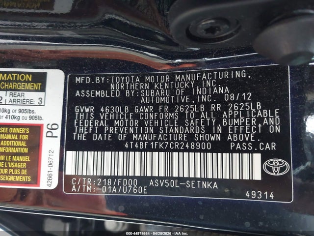 Продаж на аукціоні авто 2012 Toyota Camry Le, vin: 4T4BF1FK7CR248900, номер лоту: 44974664
