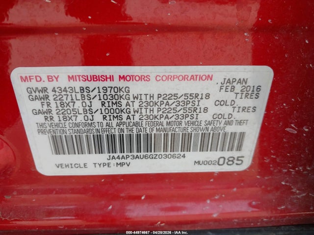 Aukcja sprzedaży 2016 Mitsubishi Outlander Sport 2.0 Es, vin: JA4AP3AU6GZ030624, numer aukcji: 44974667