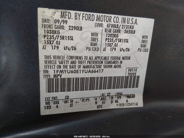 Aukcja sprzedaży 2000 Ford Explorer Sport, vin: 1FMYU60E1YUA66417, numer aukcji: 44974672