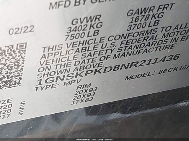 1GNSKPKD8NR211436 Chevrolet Tahoe 4wd Z71
