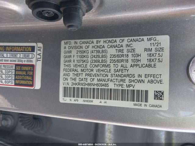 Продажа на аукционе авто 2022 Honda Cr-v Awd Ex-l, vin: 2HKRW2H86NH609485, номер лота: 44974684