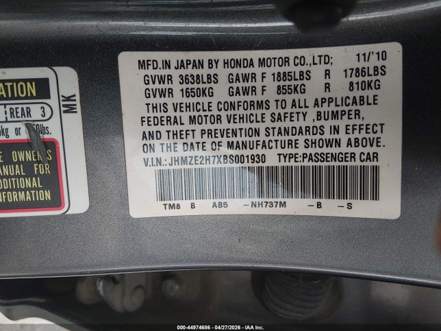 2011 Honda Insight Ex მანქანა იყიდება აუქციონზე, vin: JHMZE2H7XBS001930, აუქციონის ნომერი: 44974686
