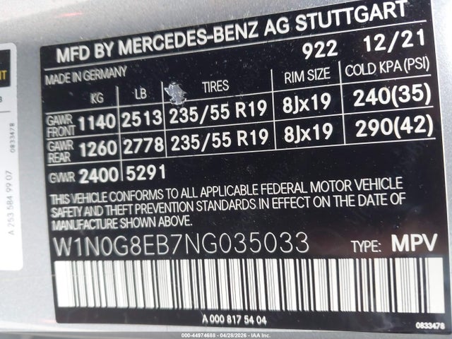 2022 Mercedes-benz Glc 300 4matic Suv მანქანა იყიდება აუქციონზე, vin: W1N0G8EB7NG035033, აუქციონის ნომერი: 44974688