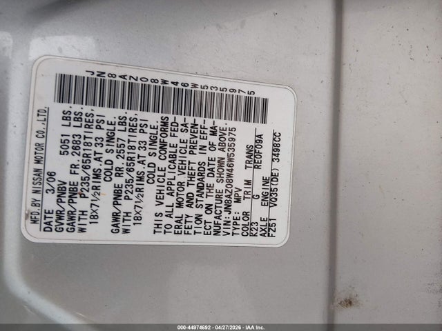 Продаж на аукціоні авто 2006 Nissan Murano Sl, vin: JN8AZ08W46W535975, номер лоту: 44974692