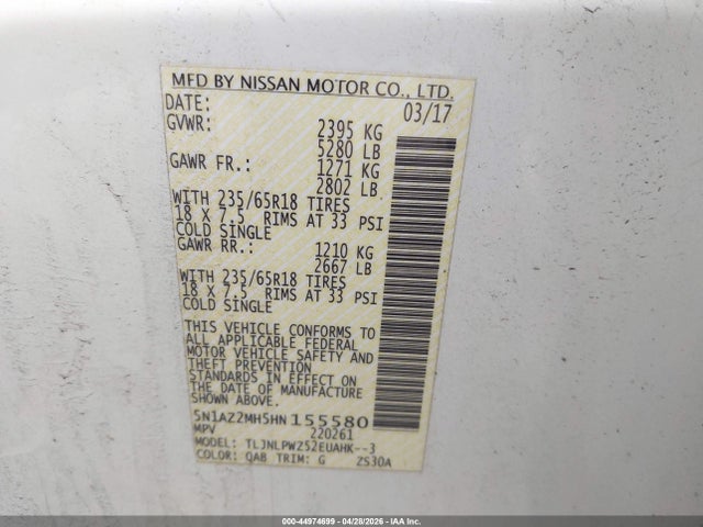 Aukcja sprzedaży 2017 Nissan Murano S, vin: 5N1AZ2MH5HN155580, numer aukcji: 44974699