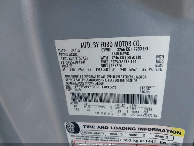 44974705 :رقم المزاد ، 1FTFW1ET0DFB81573 vin ، 2013 Ford F-150 Xlt مزاد بيع