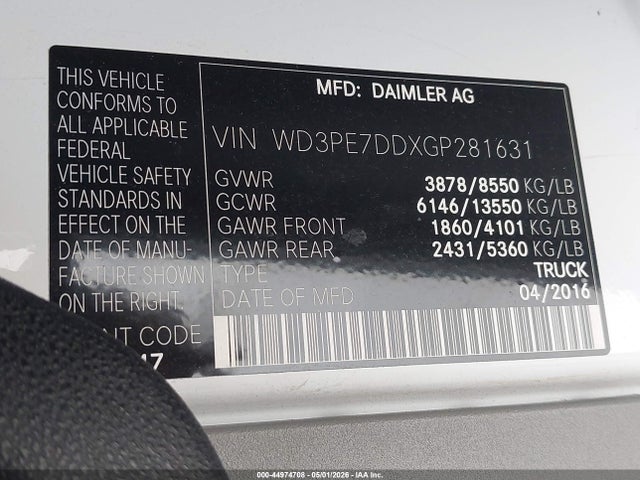 Продаж на аукціоні авто 2016 Mercedes-benz Sprinter 2500 Normal Roof, vin: WD3PE7DDXGP281631, номер лоту: 44974708