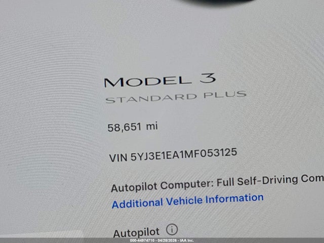 Aukcja sprzedaży 2021 Tesla Model 3 Standard Range Plus Rear-wheel Drive, vin: 5YJ3E1EA1MF053125, numer aukcji: 44974710