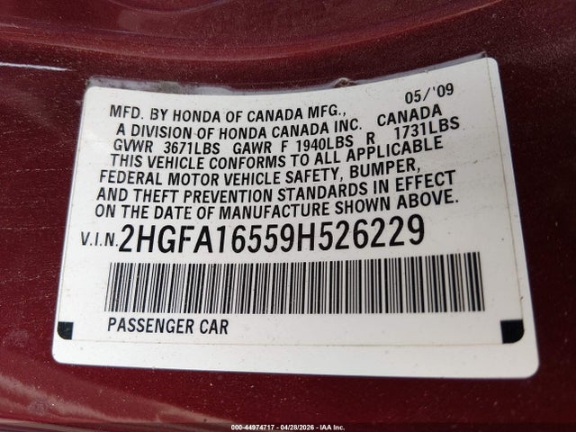 44974717 :رقم المزاد ، 2HGFA16559H526229 vin ، 2009 Honda Civic Lx مزاد بيع