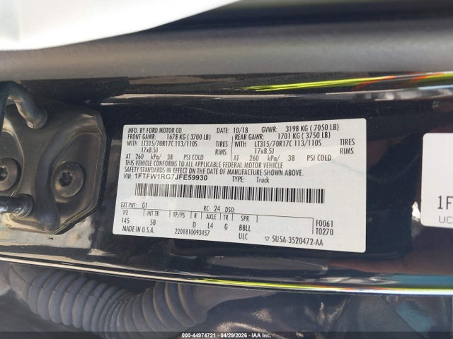2018 Ford F-150 Raptor მანქანა იყიდება აუქციონზე, vin: 1FTFW1RG7JFE59930, აუქციონის ნომერი: 44974721