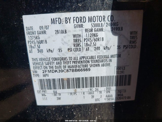 Продаж на аукціоні авто 2007 Ford Edge Sel Plus, vin: 2FMDK39C87BB66989, номер лоту: 44974730
