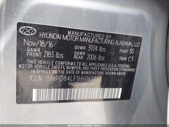 Auction sale of the 2017 Hyundai Elantra Limited, vin: 5NPD84LF1HH162493, lot number: 44974734