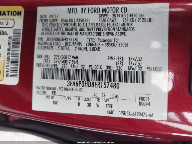 44974737 :رقم المزاد ، 3FA6P0HD8ER157480 vin ، 2014 Ford Fusion Se مزاد بيع