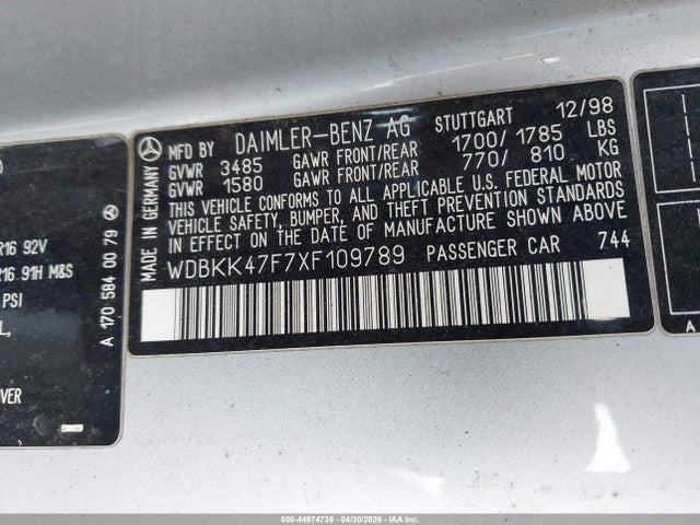 Продаж на аукціоні авто 1999 Mercedes-benz Slk 230 Kompressor, vin: WDBKK47F7XF109789, номер лоту: 44974739