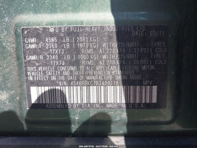 Aukcja sprzedaży 2011 Subaru Outback 2.5i Limited, vin: 4S4BRBKC7B3400118, numer aukcji: 44974758