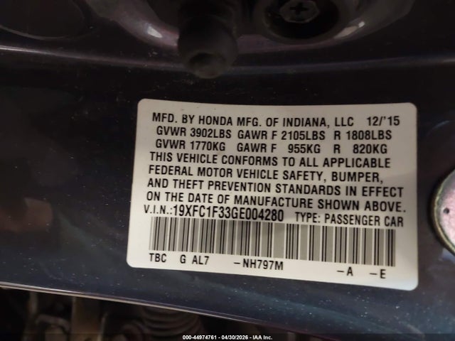 2016 Honda Civic Ex-t მანქანა იყიდება აუქციონზე, vin: 19XFC1F33GE004280, აუქციონის ნომერი: 44974761