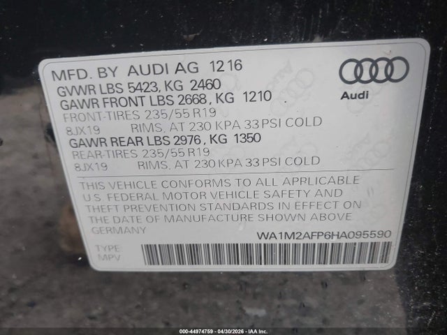 Продаж на аукціоні авто 2017 Audi Q5 2.0t Premium, vin: WA1M2AFP6HA095590, номер лоту: 44974759