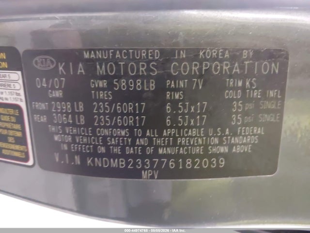 Продаж на аукціоні авто 2007 Kia Sedona Ex, vin: KNDMB233776182039, номер лоту: 44974768
