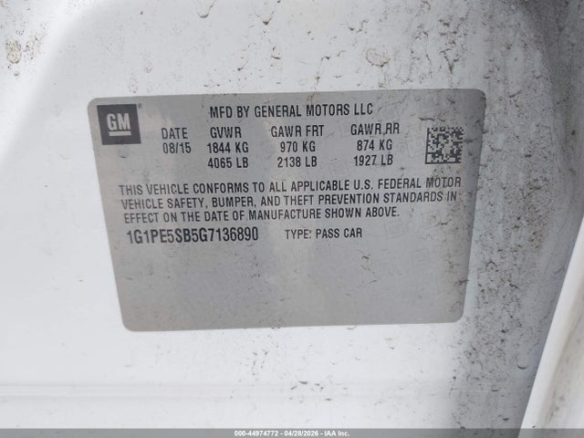 44974772 :رقم المزاد ، 1G1PE5SB5G7136890 vin ، 2016 Chevrolet Cruze Limited 1lt Auto مزاد بيع
