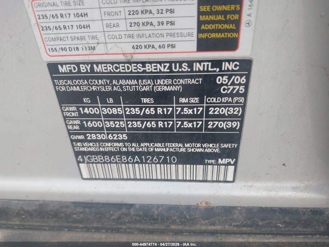 Aukcja sprzedaży 2006 Mercedes-benz Ml 350 4matic, vin: 4JGBB86E86A126710, numer aukcji: 44974774
