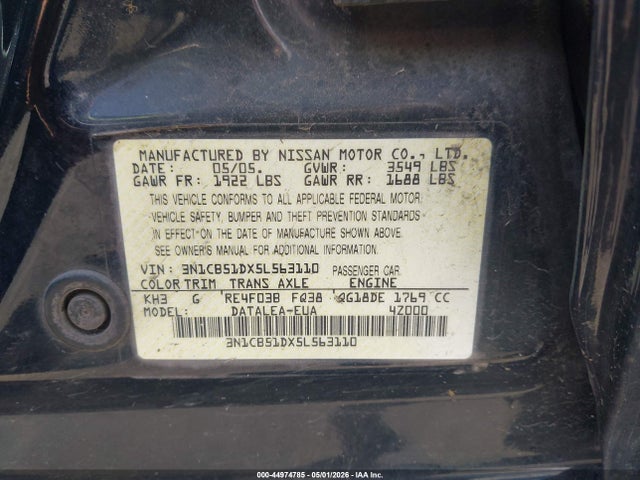 2005 Nissan Sentra 1.8s მანქანა იყიდება აუქციონზე, vin: 3N1CB51DX5L563110, აუქციონის ნომერი: 44974785