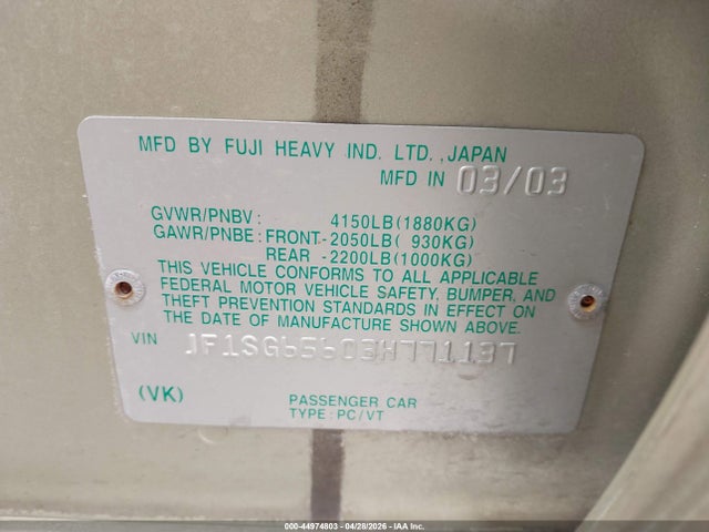 2003 Subaru Forester Xs მანქანა იყიდება აუქციონზე, vin: JF1SG65603H771137, აუქციონის ნომერი: 44974803