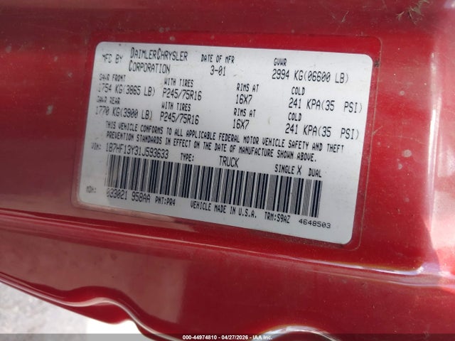 44974810 :رقم المزاد ، 1B7HF13Y31J593633 vin ، 2001 Dodge Ram 1500 St مزاد بيع