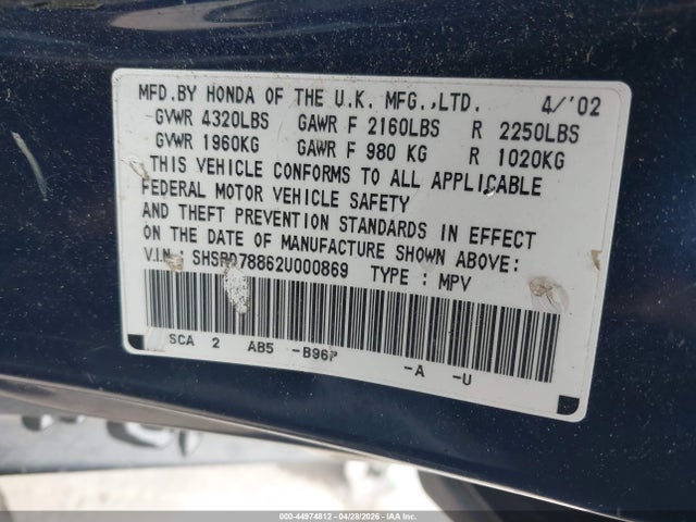 44974812 :رقم المزاد ، SHSRD78862U000869 vin ، 2002 Honda Cr-v Ex مزاد بيع