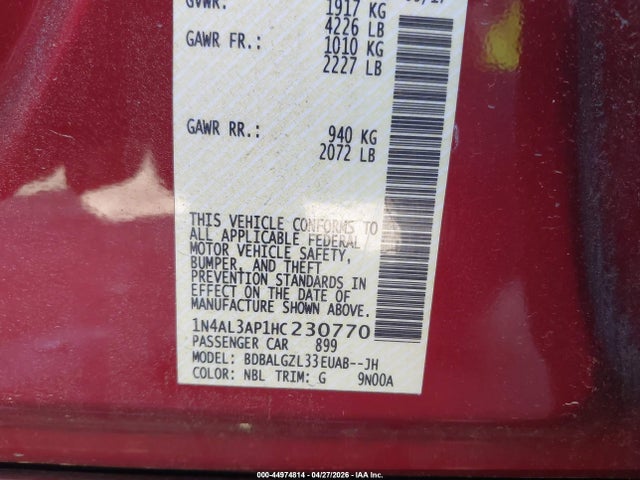 Aukcja sprzedaży 2017 Nissan Altima 2.5 S, vin: 1N4AL3AP1HC230770, numer aukcji: 44974814