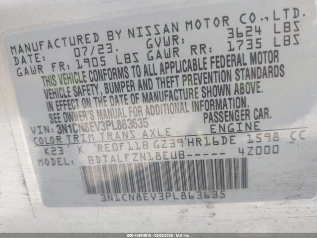 Продажа на аукционе авто 2023 Nissan Versa 1.6 Sv Xtronic Cvt, vin: 3N1CN8EV3PL863635, номер лота: 44974815