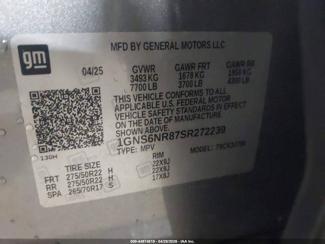 Aukcja sprzedaży 2025 Chevrolet Tahoe 4wd Lt, vin: 1GNS6NR87SR272239, numer aukcji: 44974819