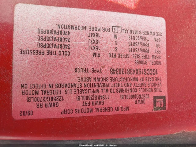 44974822 :رقم المزاد ، 1GCCS19X438130348 vin ، 2003 Chevrolet S-10 Ls مزاد بيع