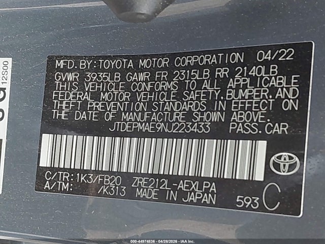 44974836 :رقم المزاد ، JTDEPMAE9NJ223433 vin ، 2022 Toyota Corolla Le مزاد بيع