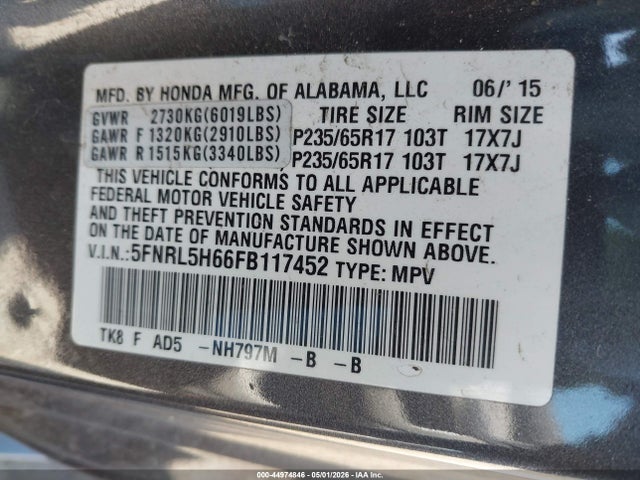 Honda Odyssey Ex-l 2015 5FNRL5H66FB117452 Image 9