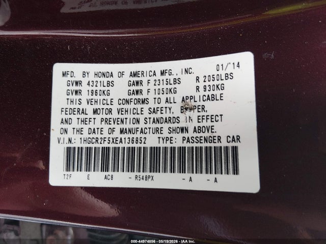 44974856 :رقم المزاد ، 1HGCR2F5XEA136852 vin ، 2014 Honda Accord Sport مزاد بيع