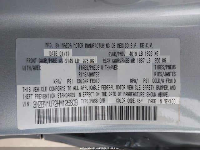 Aukcja sprzedaży 2017 Mazda Mazda3 Sport, vin: 3MZBN1U72HM126809, numer aukcji: 44974858