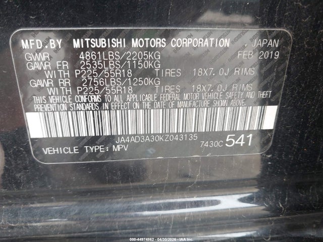 Aukcja sprzedaży 2019 Mitsubishi Outlander Le/se/sel, vin: JA4AD3A30KZ043135, numer aukcji: 44974862