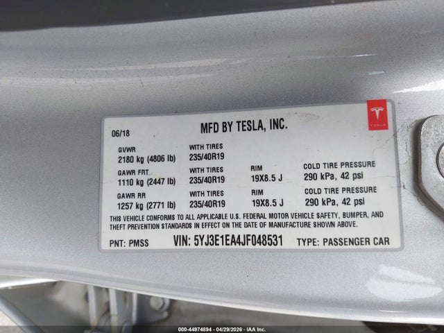 2018 Tesla Model 3 Long Range/mid Range მანქანა იყიდება აუქციონზე, vin: 5YJ3E1EA4JF048531, აუქციონის ნომერი: 44974894